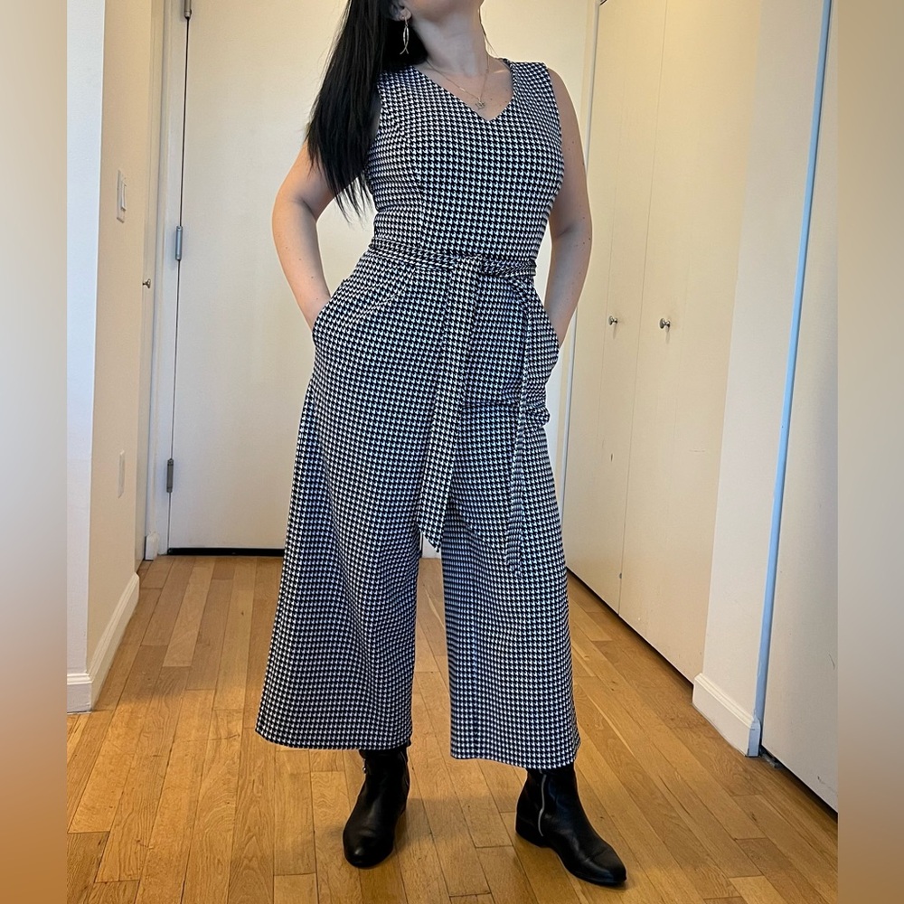 Calvin Klein Stretch Houndstooth Belted Jumpsuit Wide Leg Gaucho 8